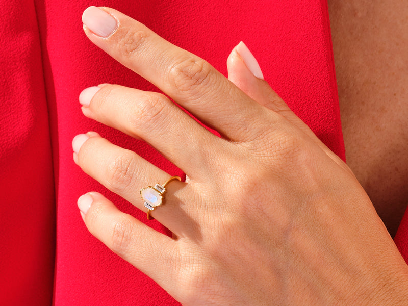 Long Hexagon Moonstone Engagement Ring with Baguette Moissanite Sidestones
