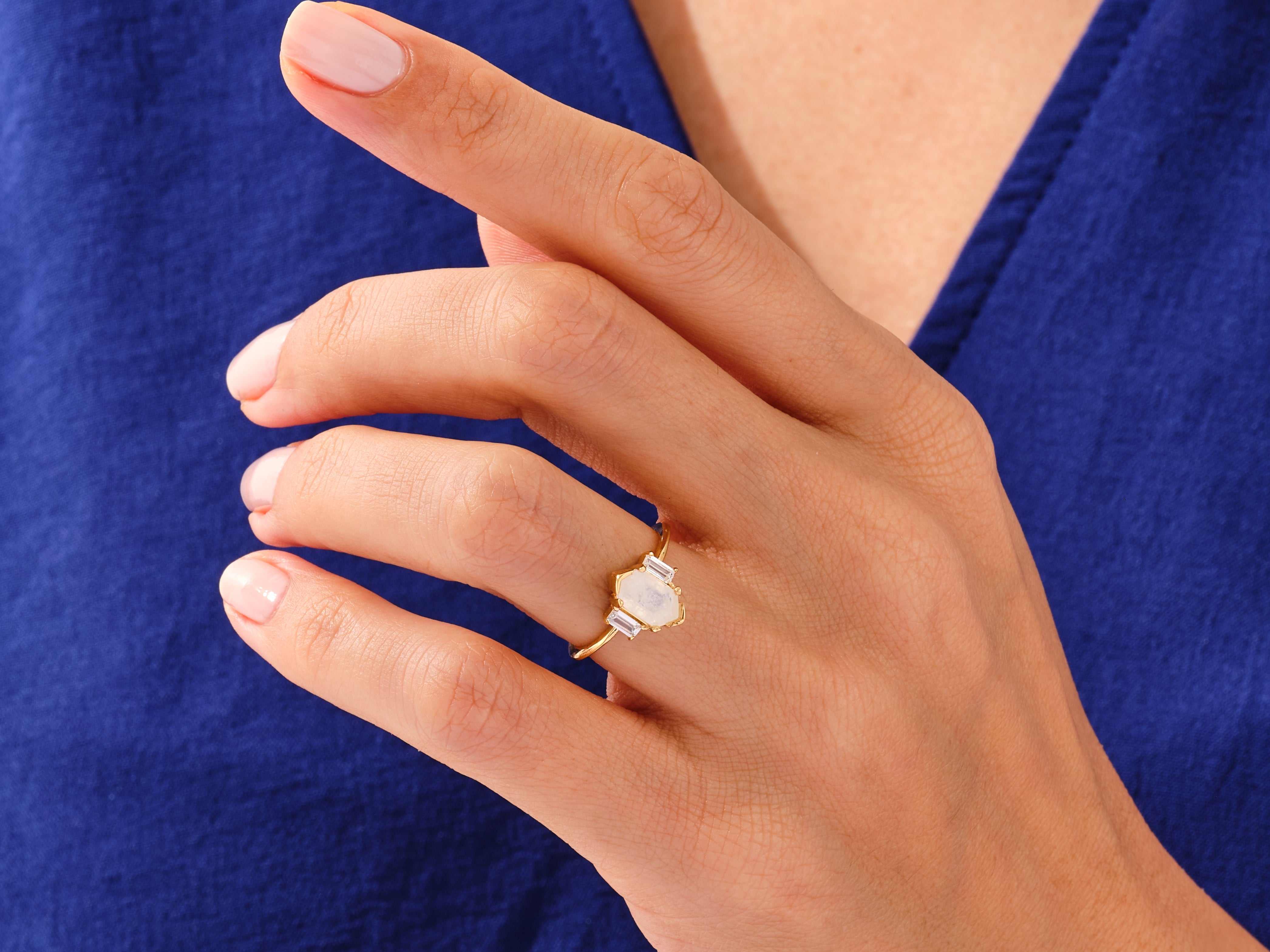 Long Hexagon Moonstone Engagement Ring with Baguette Moissanite Sidestones