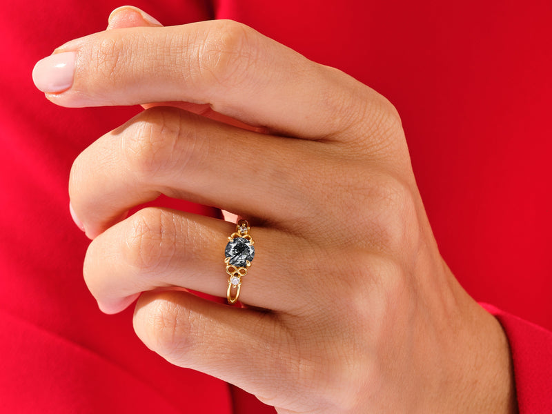 Art Deco Black Rutilated Quartz Engagement Ring with Moissanite Sidestones