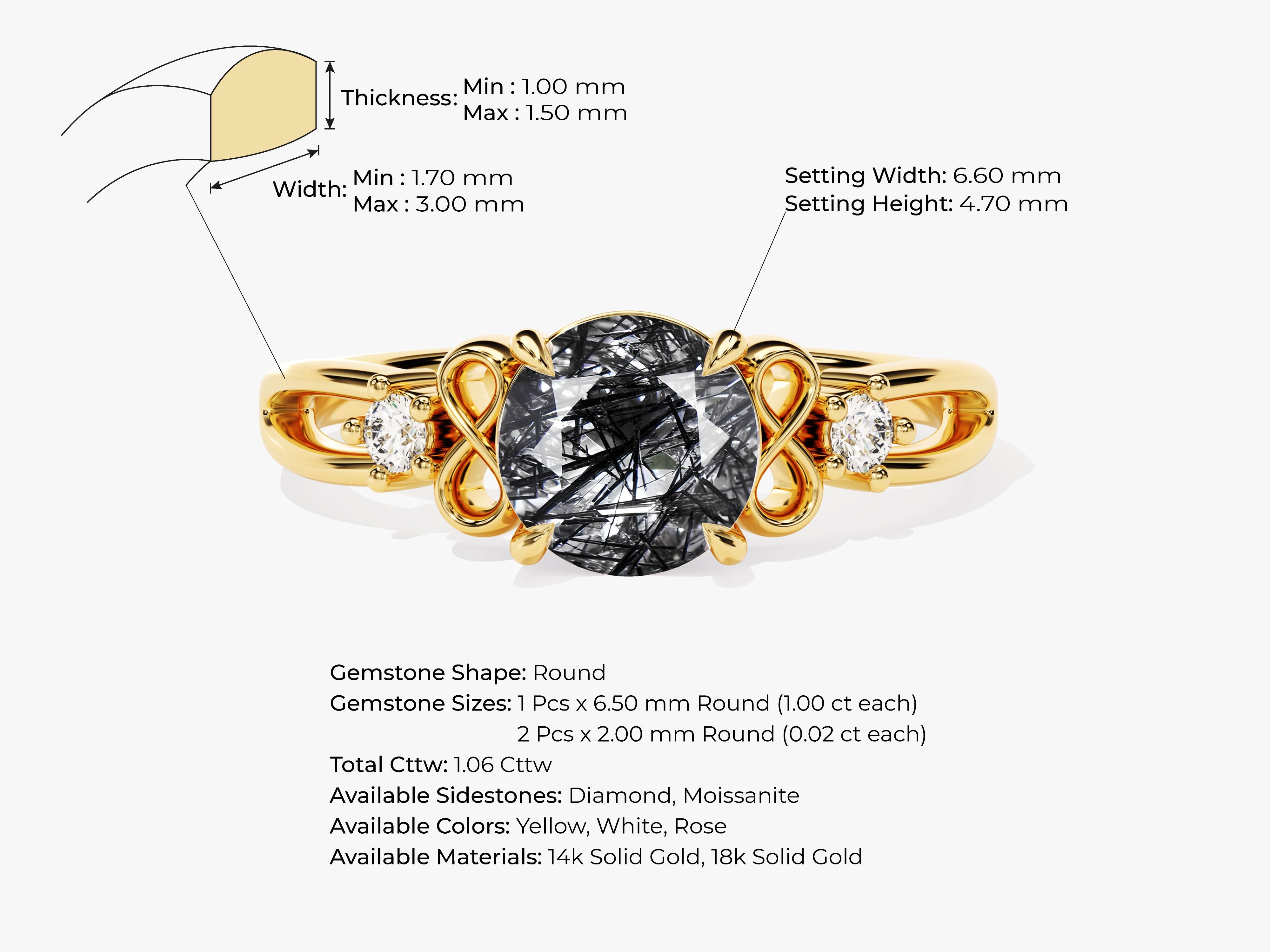 Art Deco Black Rutilated Quartz Engagement Ring with Moissanite Sidestones