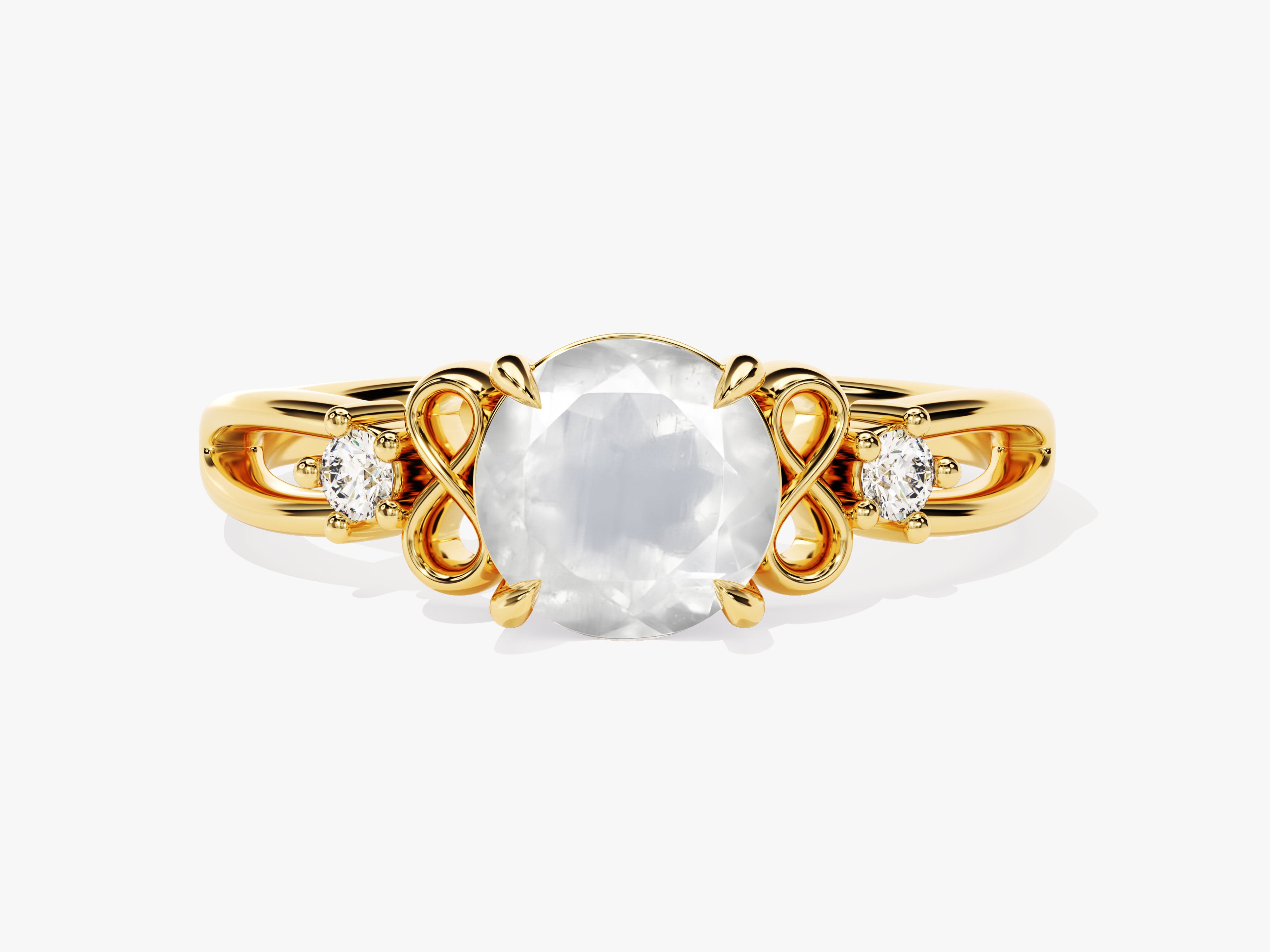 Gold ring with large clear gemstone and two small diamonds
