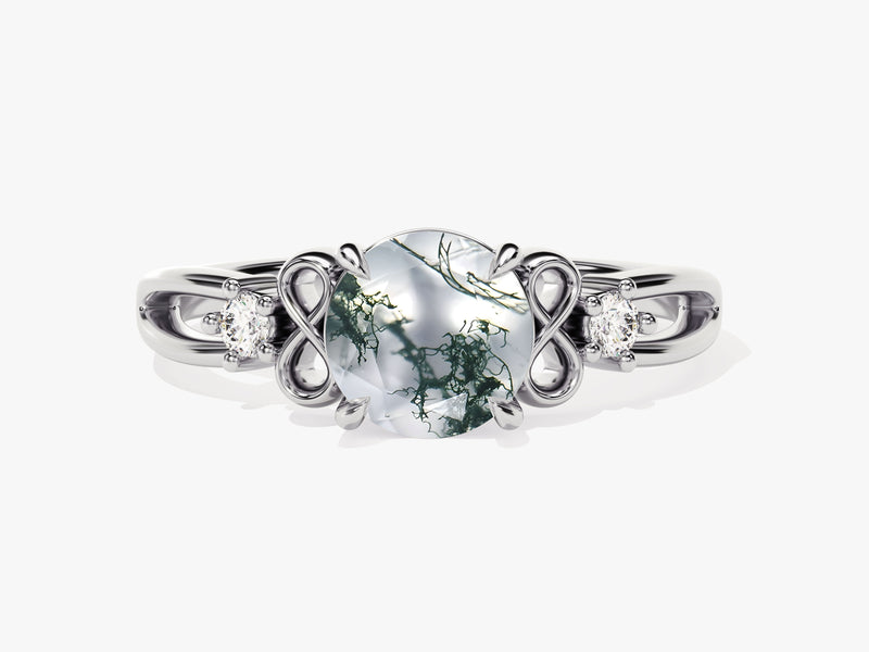Art Deco Moss Agate Engagement Ring with Moissanite Sidestones