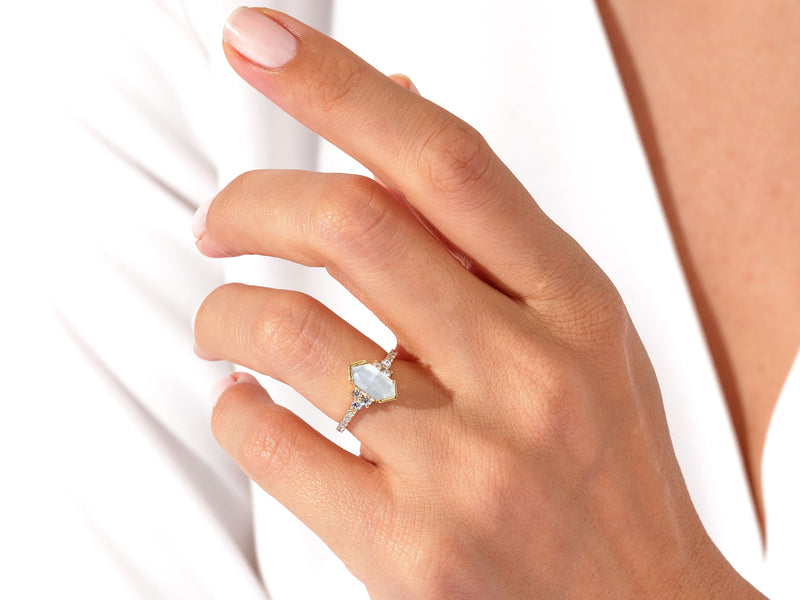 Long Hexagon Moonstone Engagement Ring with Pave Set Moissanite Sidestones