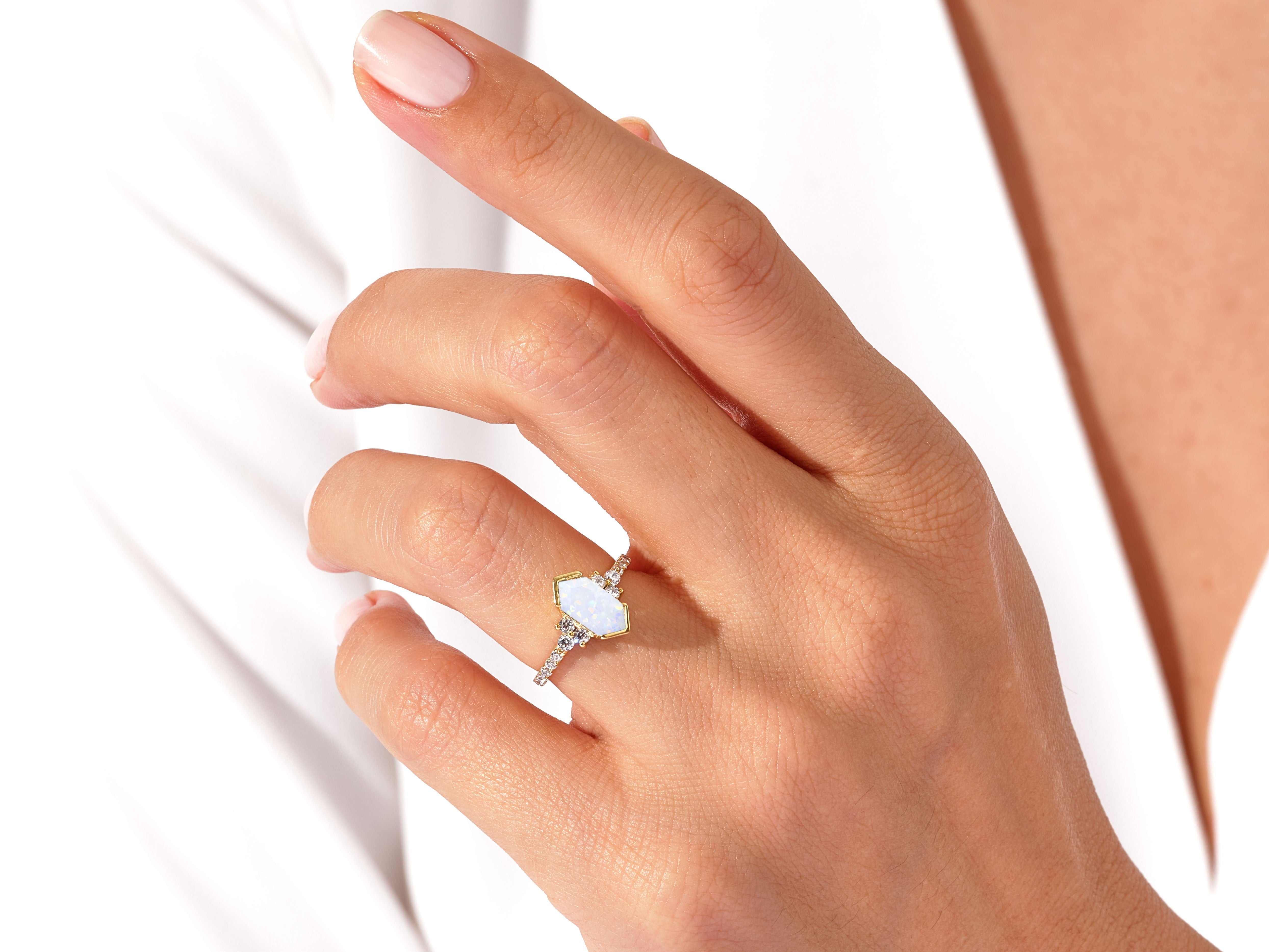 Long Hexagon Opal Engagement Ring with Pave Set Moissanite Sidestones