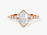 Long Hexagon Moonstone Engagement Ring with Pave Set Moissanite Sidestones