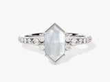 Long Hexagon Moonstone Engagement Ring with Pave Set Moissanite Sidestones