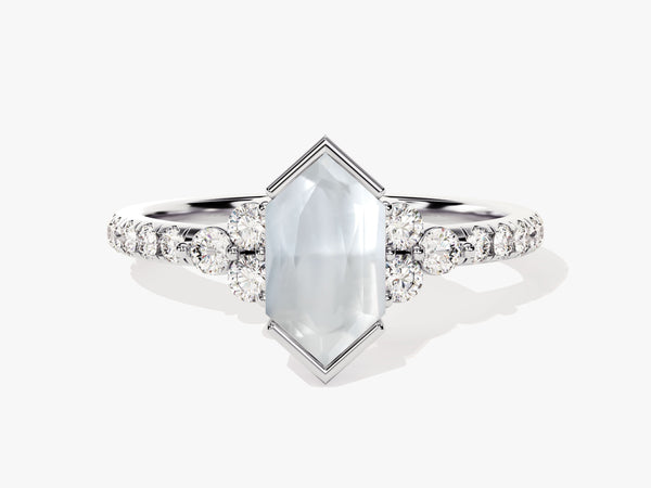 Long Hexagon Moonstone Engagement Ring with Pave Set Moissanite Sidestones