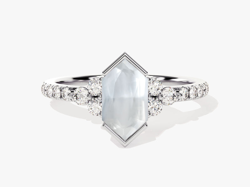 Long Hexagon Moonstone Engagement Ring with Pave Set Moissanite Sidestones