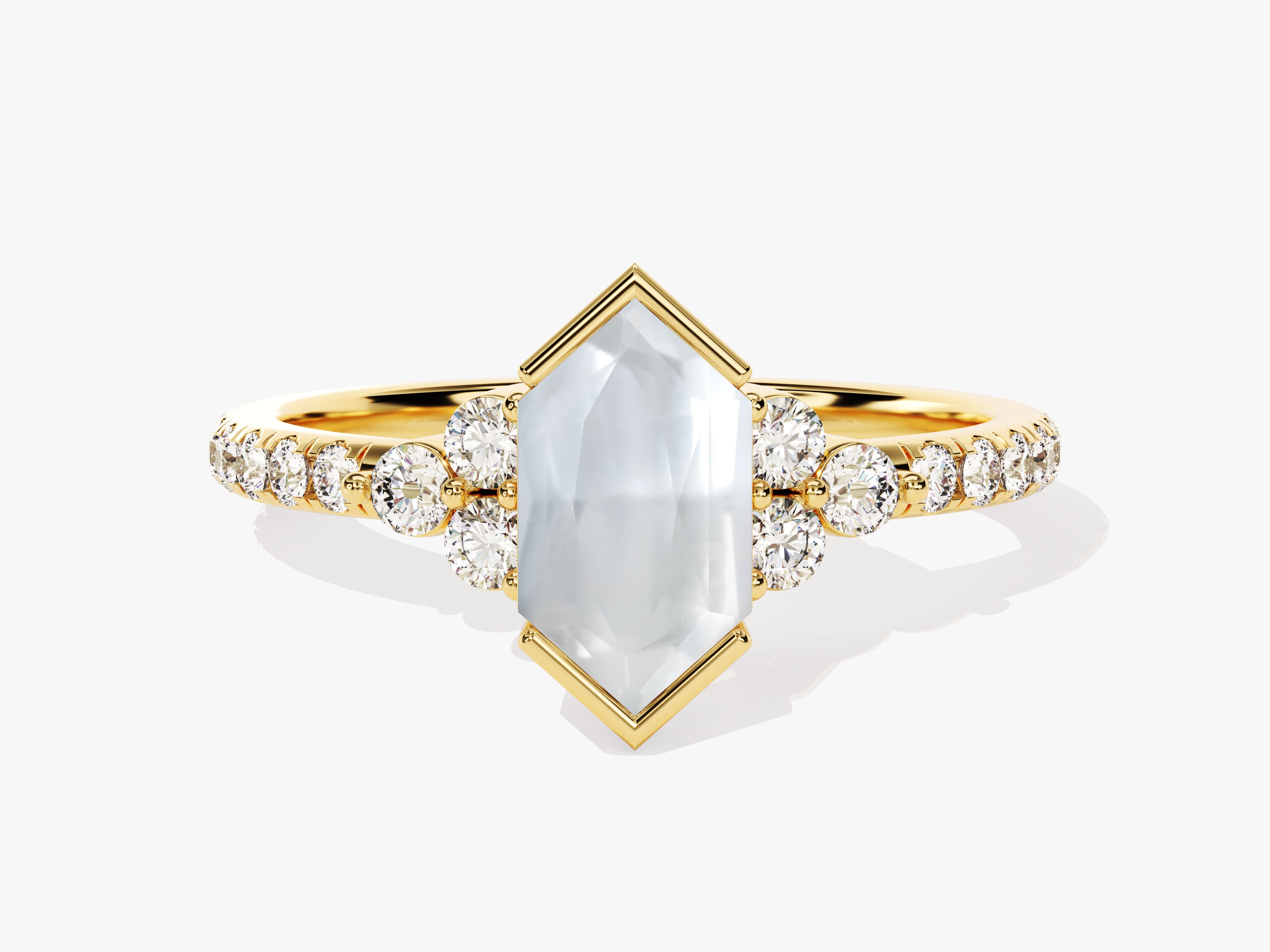 Gold ring with hexagon gemstone and diamond accents