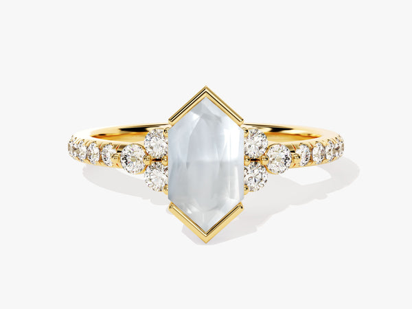 Long Hexagon Moonstone Engagement Ring with Pave Set Moissanite Sidestones