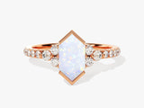 Long Hexagon Opal Engagement Ring with Pave Set Moissanite Sidestones