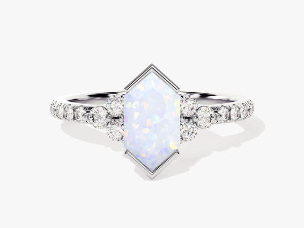 Long Hexagon Opal Engagement Ring with Pave Set Moissanite Sidestones