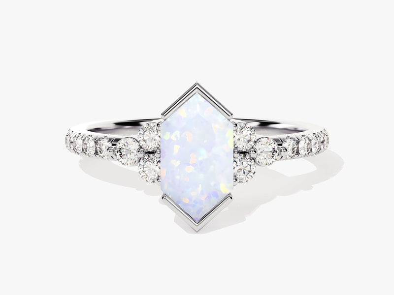Long Hexagon Opal Engagement Ring with Pave Set Moissanite Sidestones