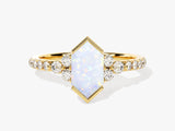 Long Hexagon Opal Engagement Ring with Pave Set Moissanite Sidestones