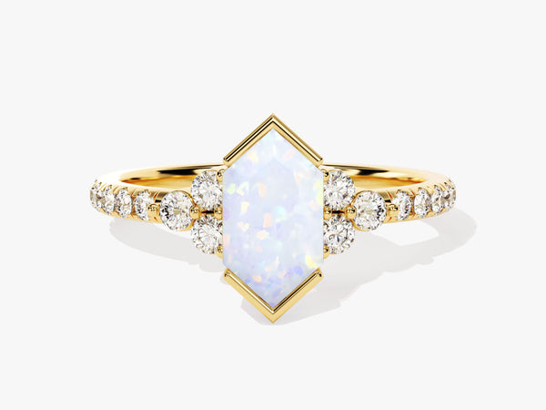 Long Hexagon Opal Engagement Ring with Pave Set Moissanite Sidestones