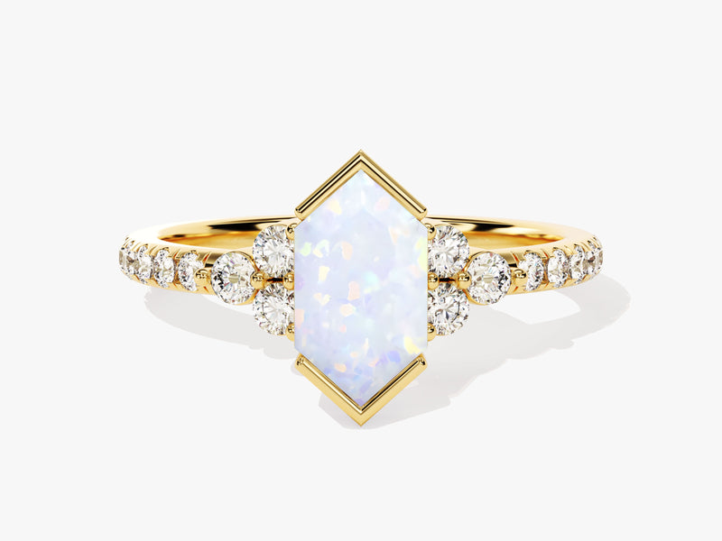 Long Hexagon Opal Engagement Ring with Pave Set Moissanite Sidestones