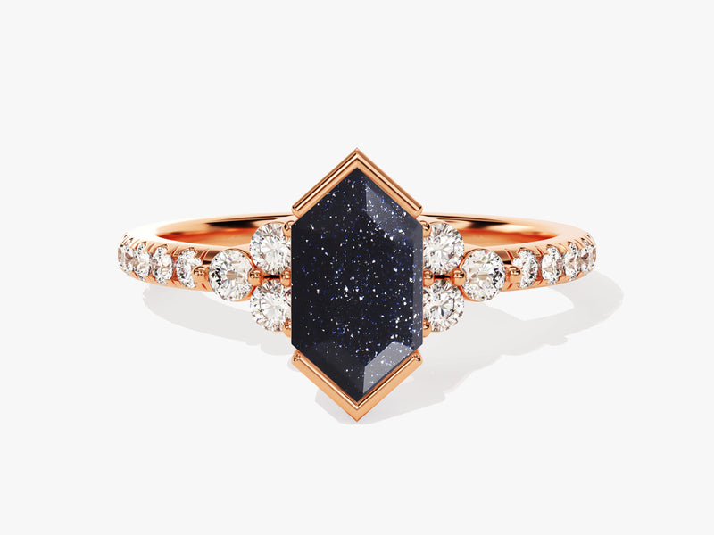 Long Hexagon Blue Sandstone Engagement Ring with Pave Set Moissanite Sidestones