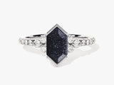 Long Hexagon Blue Sandstone Engagement Ring with Pave Set Moissanite Sidestones