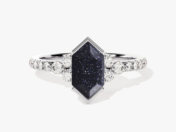 Long Hexagon Blue Sandstone Engagement Ring with Pave Set Moissanite Sidestones