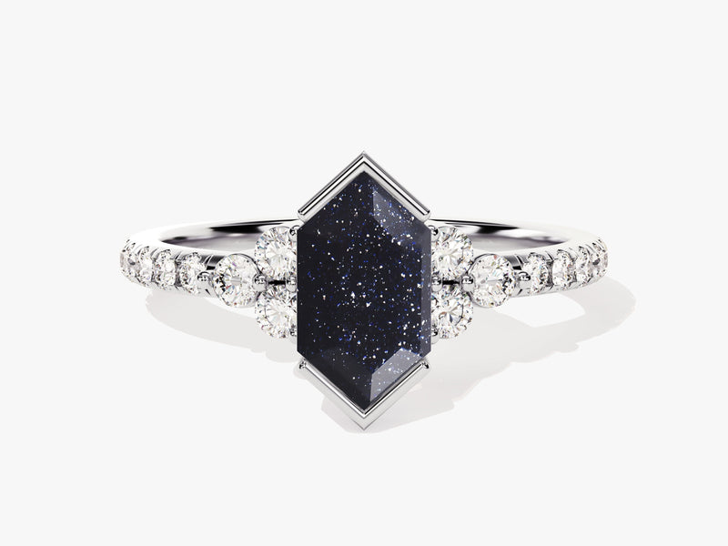 Long Hexagon Blue Sandstone Engagement Ring with Pave Set Moissanite Sidestones