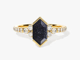 Long Hexagon Blue Sandstone Engagement Ring with Pave Set Moissanite Sidestones