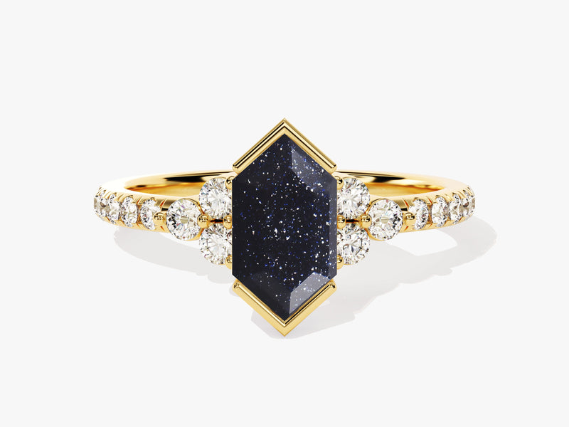 Long Hexagon Blue Sandstone Engagement Ring with Pave Set Moissanite Sidestones