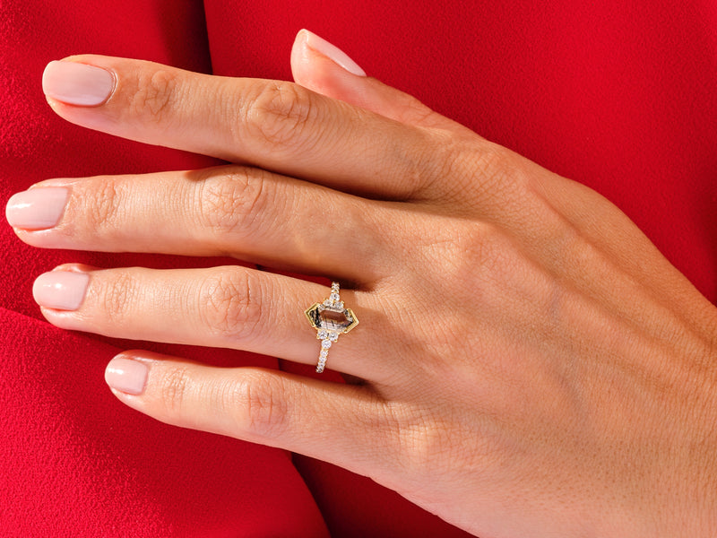 Long Hexagon Black Rutilated Quartz Engagement Ring with Pave Set Moissanite Sidestones