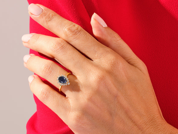 Pear Blue Sandstone Engagement Ring with Moissanite Halo