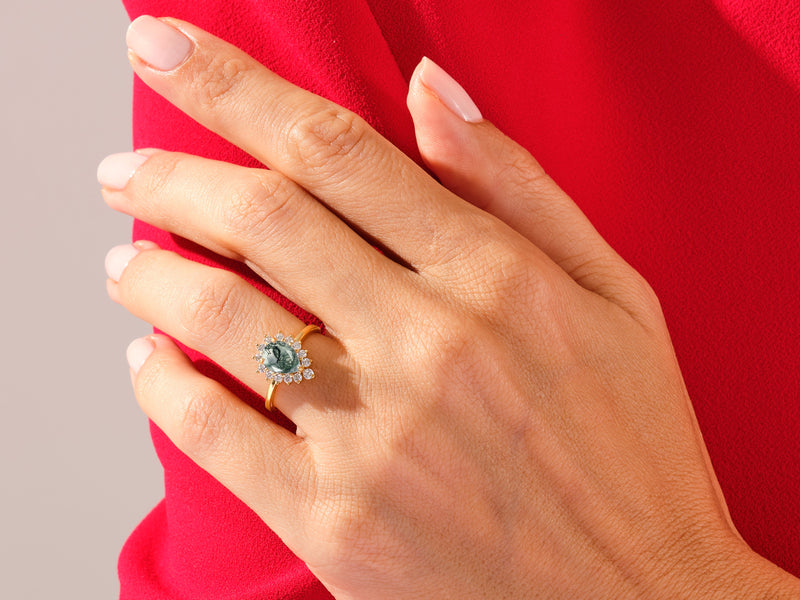 Pear Moss Agate Engagement Ring with Moissanite Halo