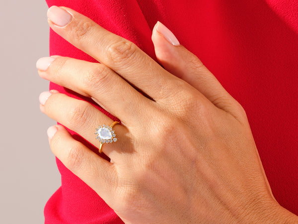 Pear Moonstone Engagement Ring with Moissanite Halo