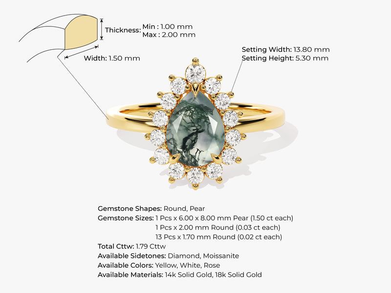 Pear Moss Agate Engagement Ring with Moissanite Halo