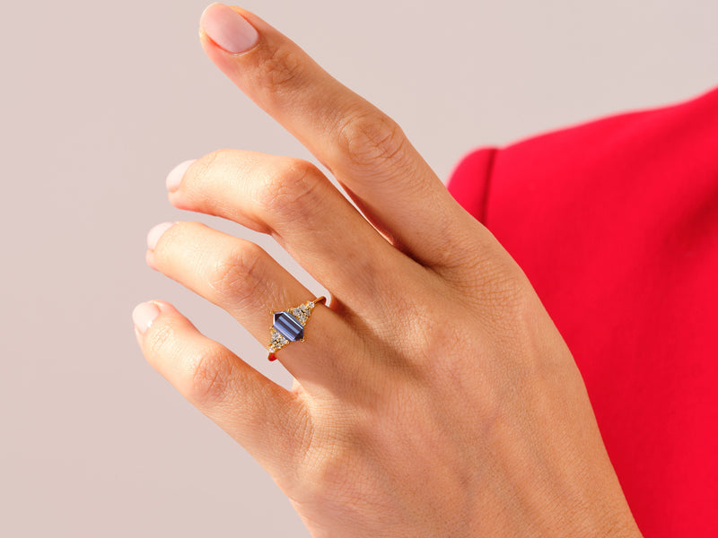 Long Hexagon Lab Alexandrite Engagement Ring with Moissanite Cluster