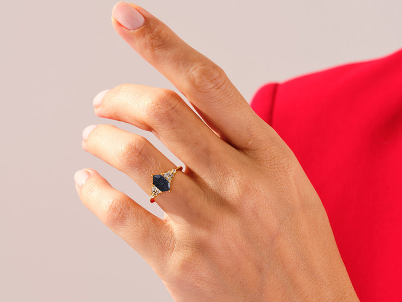 Long Hexagon Blue Sandstone Engagement Ring with Moissanite Cluster