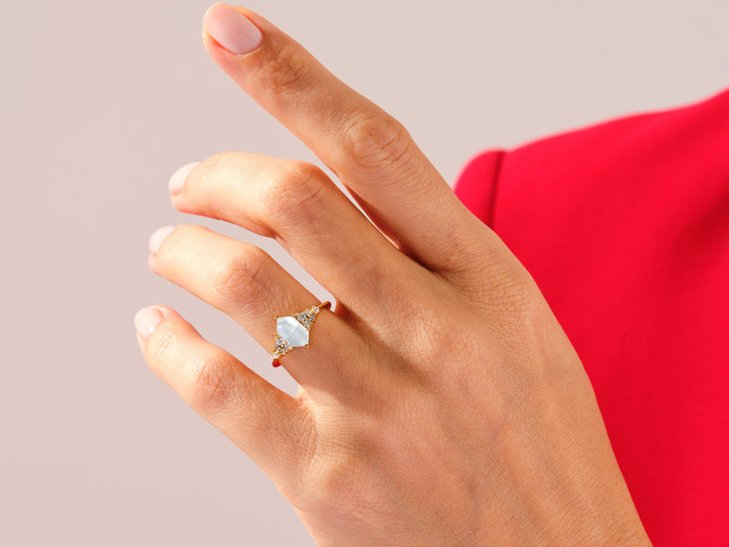 Long Hexagon Moonstone Engagement Ring with Moissanite Cluster