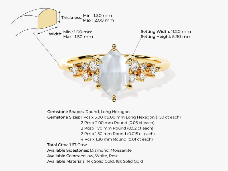 Long Hexagon Moonstone Engagement Ring with Moissanite Cluster