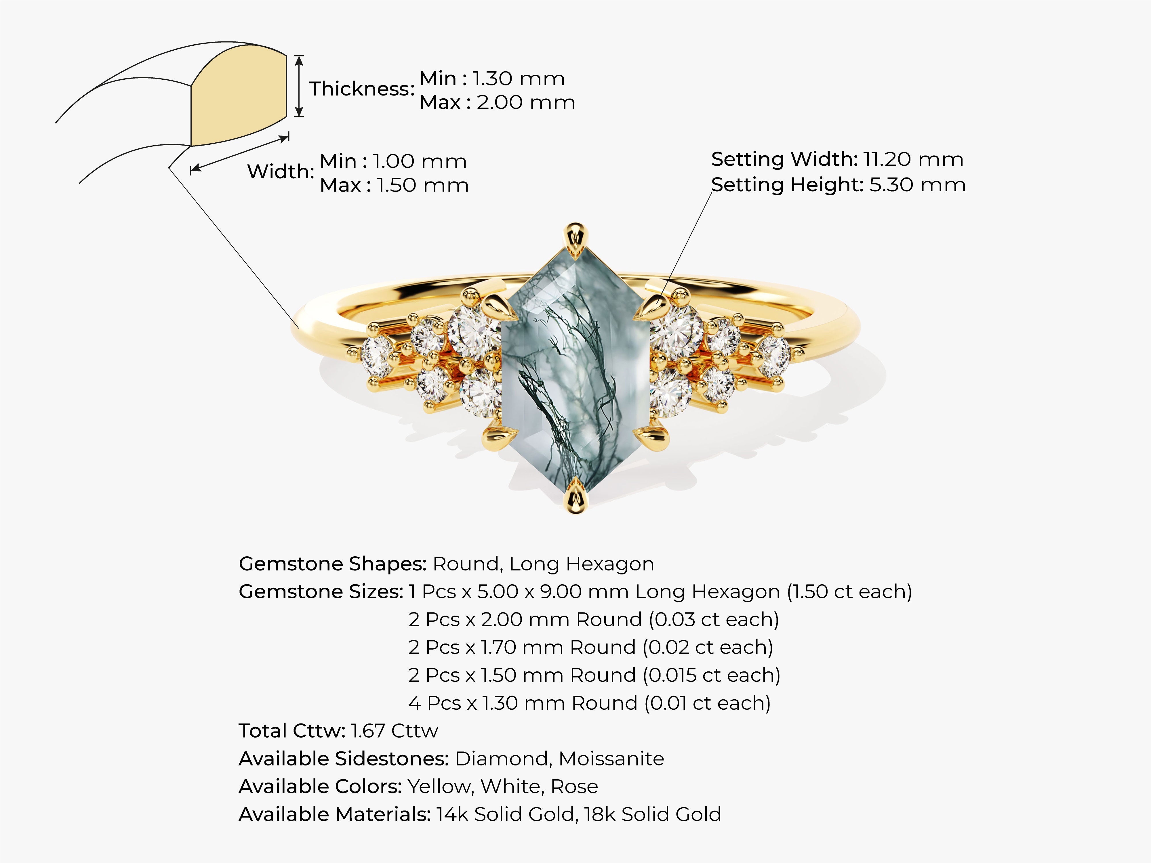 Long Hexagon Moss Agate Engagement Ring with Moissanite Cluster