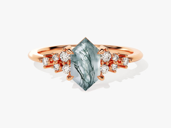 Long Hexagon Moss Agate Engagement Ring with Moissanite Cluster