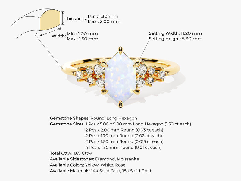 Long Hexagon Opal Engagement Ring with Moissanite Cluster