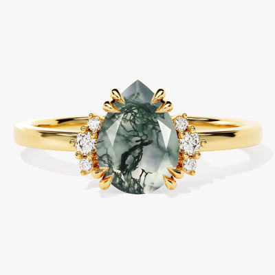 Pear Moss Agate Engagement Ring with Round Moissanite Sidestones