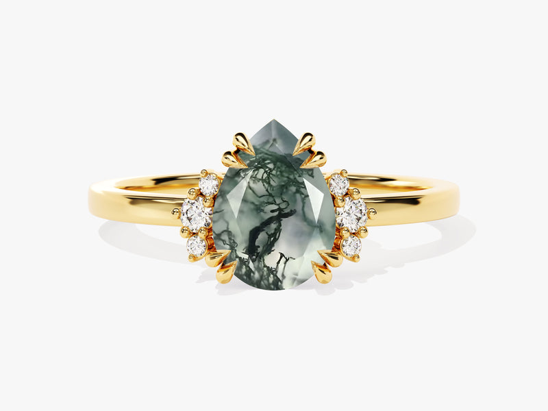 Pear Moss Agate Engagement Ring with Round Moissanite Sidestones