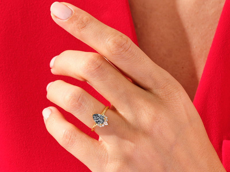 Pear Black Rutilated Quartz Vintage Engagement Ring with Moissanite
