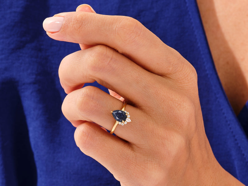 Pear Blue Sandstone Vintage Engagement Ring with Moissanite