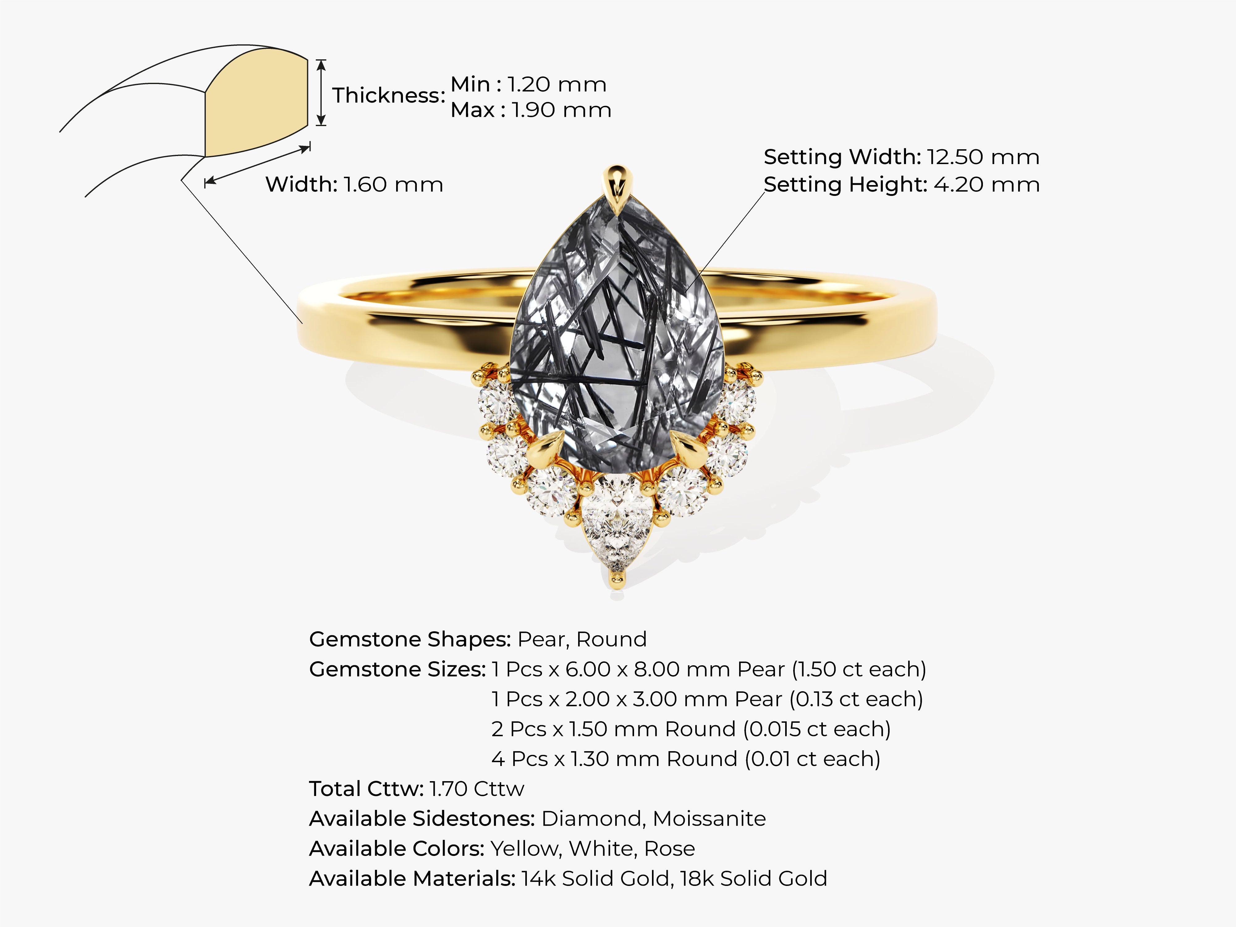 Pear Black Rutilated Quartz Vintage Engagement Ring with Moissanite