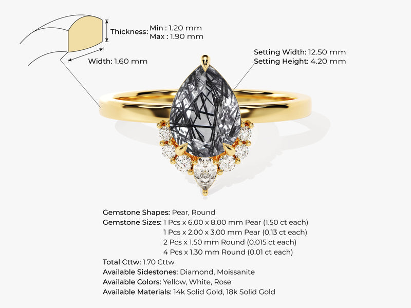 Pear Black Rutilated Quartz Vintage Engagement Ring with Moissanite