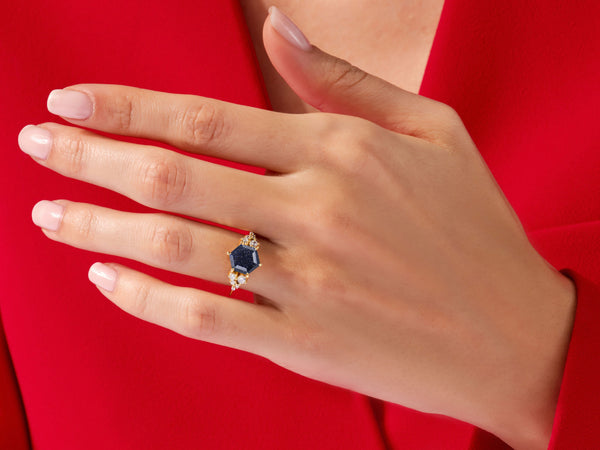 Hexagon Blue Sandstone Engagement Ring with Moissanite Cluster