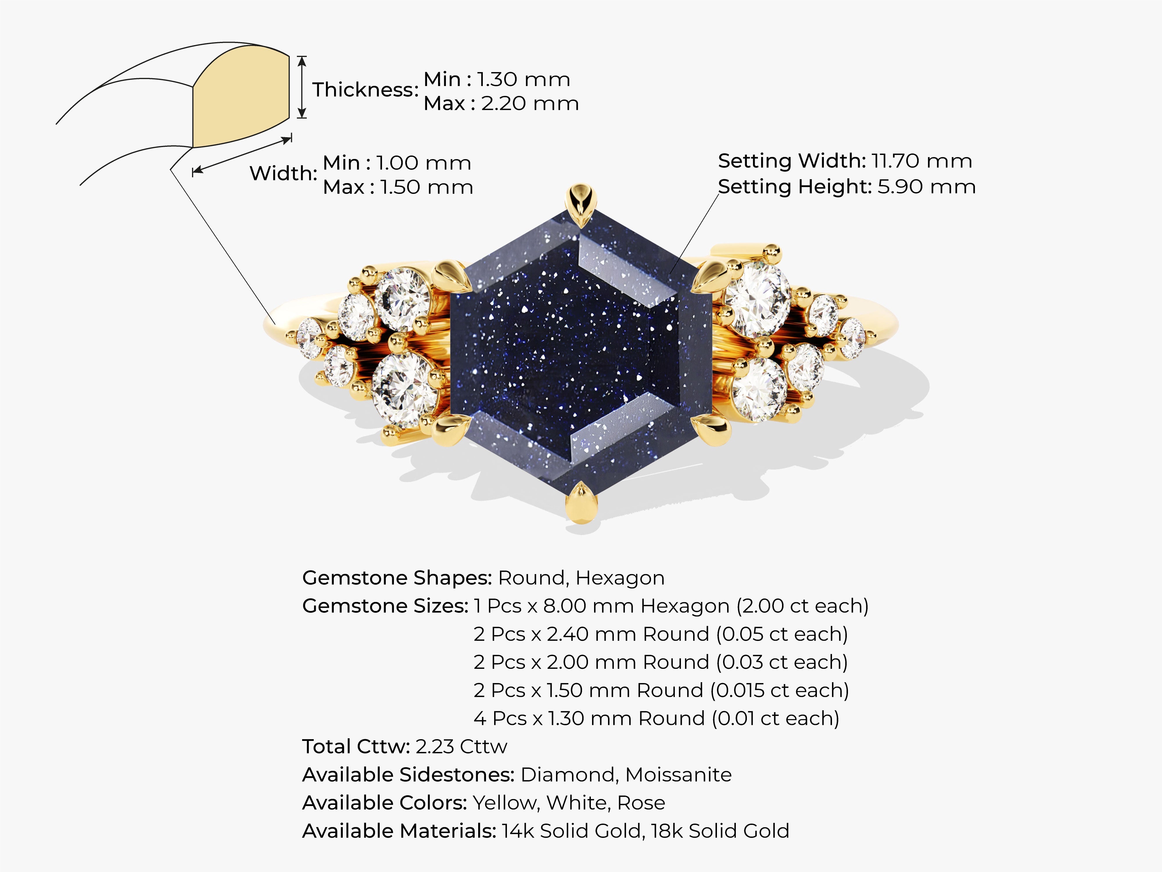Hexagon Blue Sandstone Engagement Ring with Moissanite Cluster
