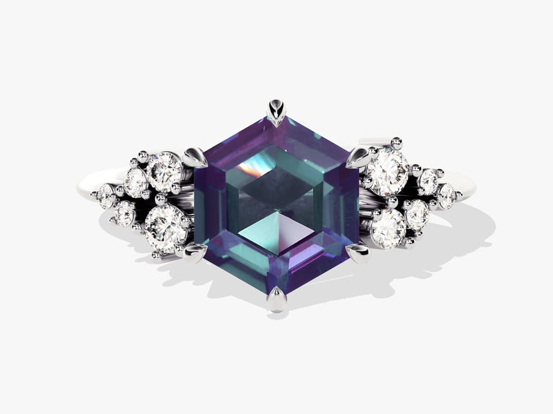 Hexagon Lab Alexandrite Engagement Ring with Moissanite Cluster
