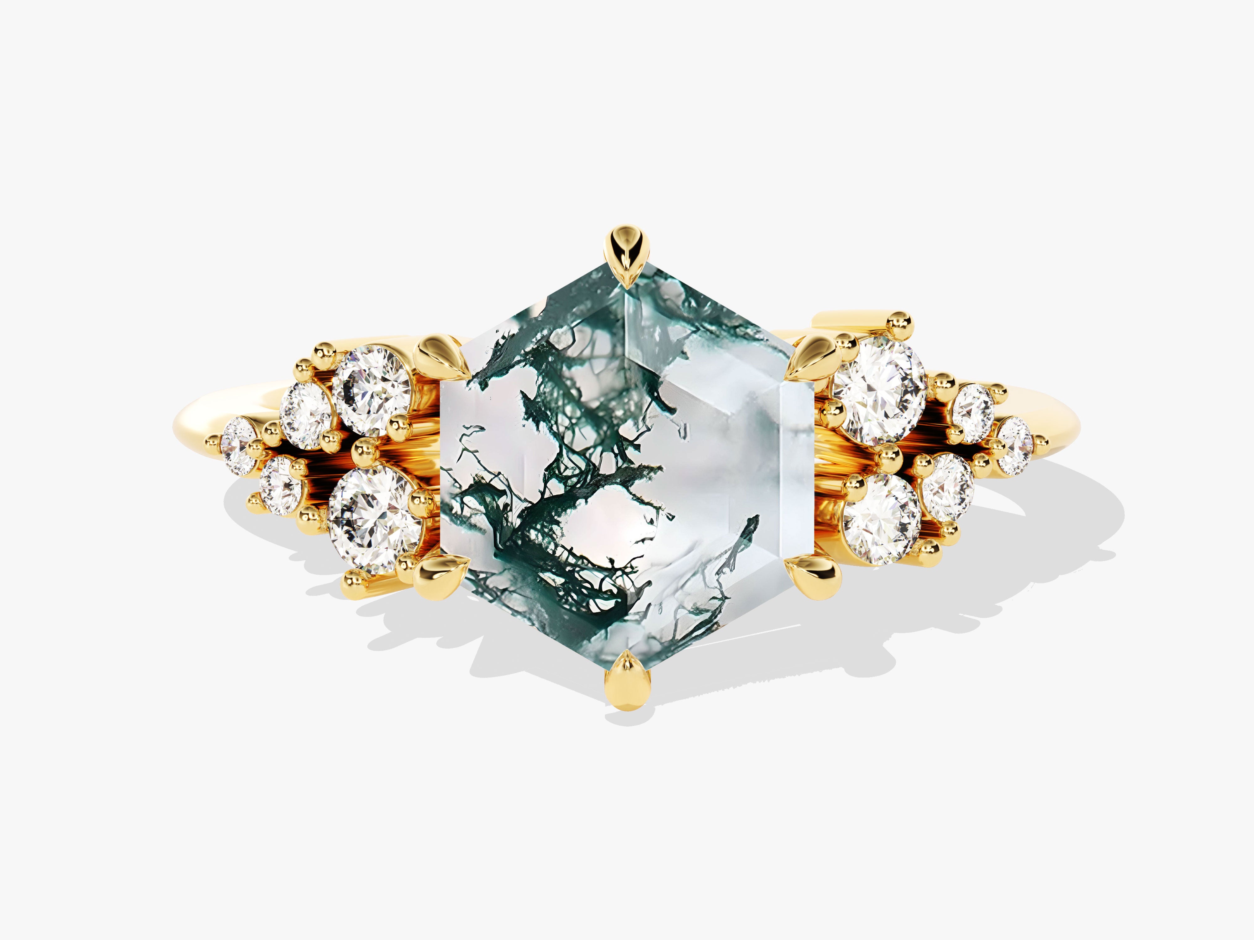 Hexagonal moss agate ring with diamonds, gold band