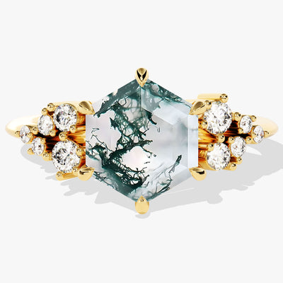 Hexagon Moss Agate Engagement Ring with Moissanite Cluster