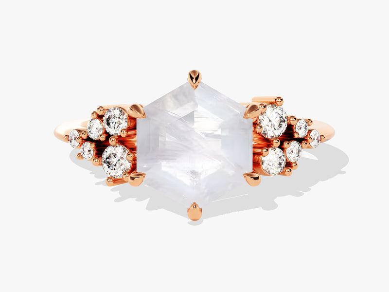 Hexagon Moonstone Engagement Ring with Moissanite Cluster